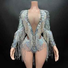 Custom Silver Sequin Diamond Unique Women's Latin Dance Dress Stage Wear