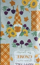 Fall Harvest Gnomes Vinyl Flannel Tablecloth 52 x 70 Oblong Sunflowers Plaid