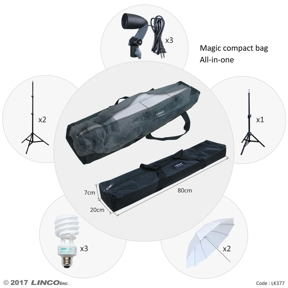 LINCO Lincostore Photography Studio Lighting Kit Photo Umbrella Bulb Stand LK377 - Image 3 of 4