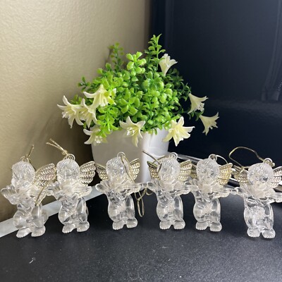 Christmas Angel Cherub 6 Ornaments Clear Plastic Acrylic Gold Tone Wings 2.5 