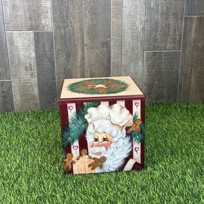 Hand Painted Santa Gingerbread Christmas Wooden Recipe Box Folk Art Signed 2004