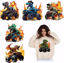 6PCS Dinosaur Truck Iron-On Transfers for T-Shirts Hoodies Bags DIY Crafts