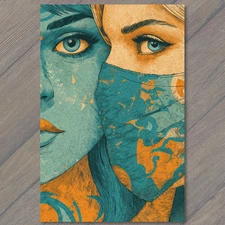 Art Print Ink Etching Style Women Eyes Masks Abstract Orange Blue Detail