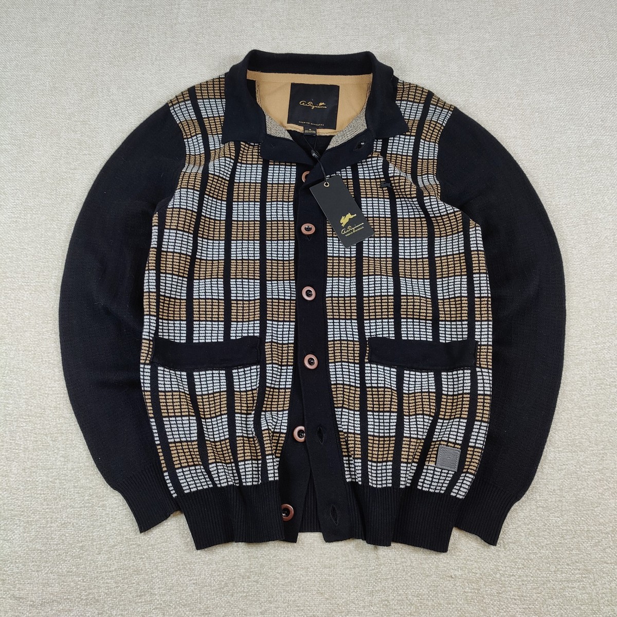 A. Tiziano Textured Knit Cardigan Sweater Black Gold Plaid Urban