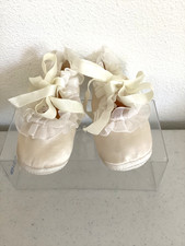 Vintage Baby Booties Cream Color Satin w/ Ribbon ties Size 2 1960 s