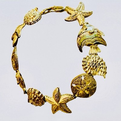 Vintage 10K massives Gold Sea Life Armband Fisch Seestern Muschel 7,5'' schwer 17,8 g