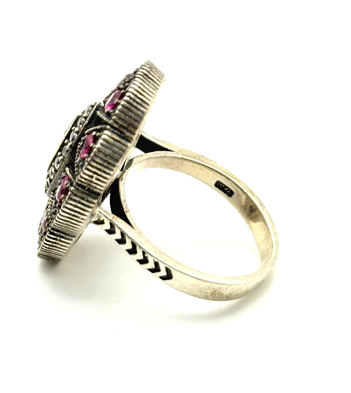 925 Sterling Silver Synthetic Ruby & CZ Oval Ring… - image 3