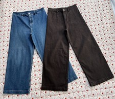 2 x PAIRS M&S HIGH WAISTED WIDE LEG ANKLE GRAZER JEANS - Med Indigo + Brown 14R