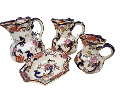VINTAGE MASON'S BLUE MANDALAY MUSTER 3 GRADUIERTE KRÜGE & SCHMUCKSCHALE