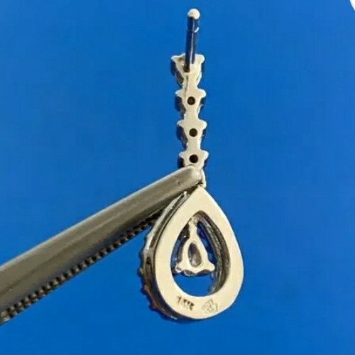 14K Solid White Gold Diamond Dangle Drop Stud Ear… - image 6