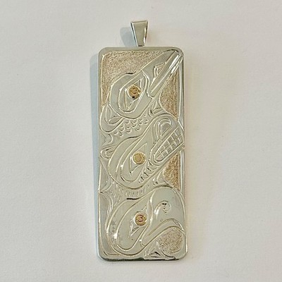 Signed N.W. Coast  Native American Raven Bear Eagle Totem Silver & Gold Pendant