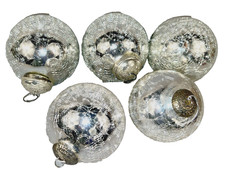  5 VTG Kugel Style Silver Mercury Crackled Ornaments Large MCM Christmas Heavy