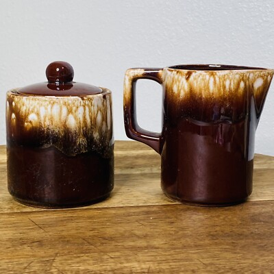 Brown Drip Pottery Sugar Bowl with Lid K Creamer Set Japan Brown Drip Glaze  MCM