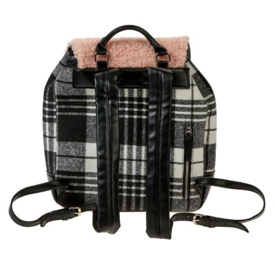 BEARPAW Faux Shearling Trim Drawstring Backpack, Red and Black Buffalo Plaid BEARPAW Red Black Buffalo Plaid Faux Shearling Trim  main image 2