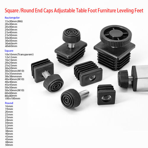 Square Tube Inserts End Caps Adjustable Table Foot Furniture Leveling Feet M6 M8 - Foto 1 di 52