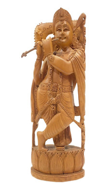 Beautiful Handcrafted Wooden Lord Krishna Playing Flute Statue 12''