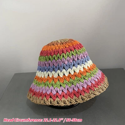 Femme Arc-en-Ciel Rayé Crochet Paille Enduisez-Vous Seau Bob Casquette Plage Été - Photo 1/4