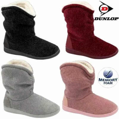 LADIES SLIPPERS WOMEN DUNLOP MEMORY FOAM FUR THERMAL ANKLE BOOTS WARM SHOES SIZE