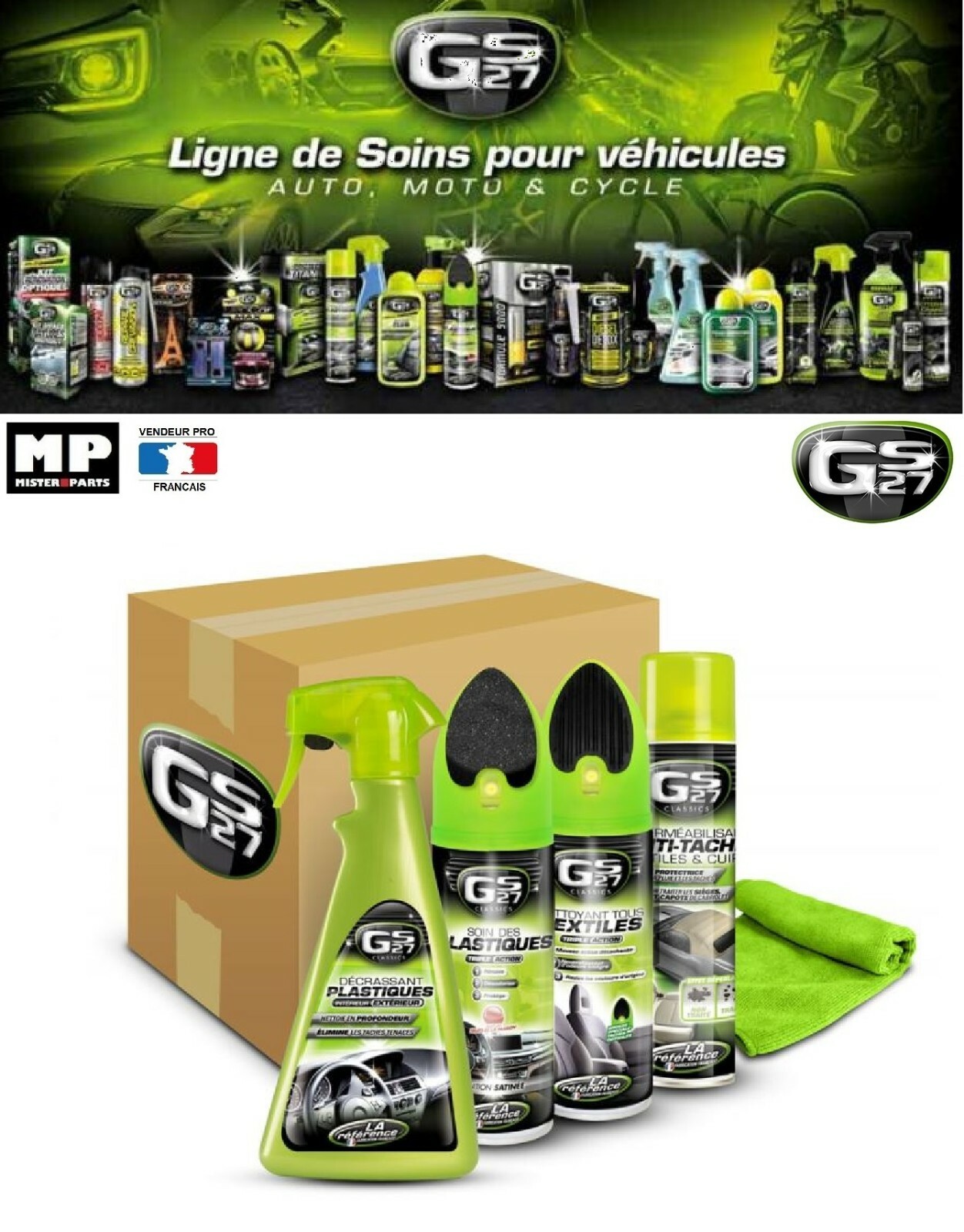 Nettoyant textile anti-taches GS27 et soin plastique habitacle avec sa microfibre haute densité