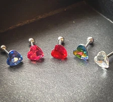 1pc Heart Crystal Tragus Helix Cartilage Ring 16g 1/4" - choose your color
