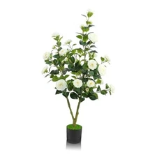 Artificial Camellia Tree, 4FT Faux Camellia Plant Indoor, Realistic White