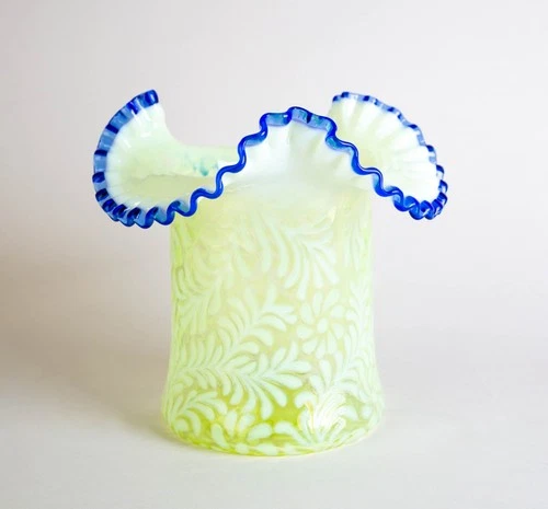 Fenton Blue Crest Daisy & Fern Topaz Opalescent Ruffled Hat Vase Vaseline Glass
