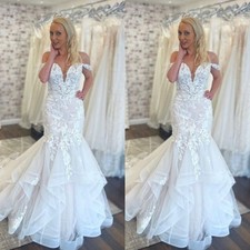 Mermaid Wedding Dresses Off Shoulder Lace Ruffles Beach Sweep Train Bridal Gown