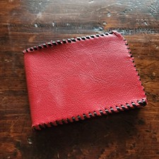 Vintage Hand Stitched Handmade Bright Red Leather Billfold Wallet Card Holder