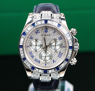 Rolex Daytona 40mm 18k White Gold AM Sapphire Baguette Diamond Dial Watch 116519