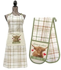 Highland Cow Double Oven Gloves Heat Resistance Pot Holder + Chefs Apron Green