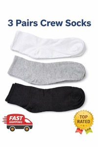 Men's Crew Socks 3 Pairs Mid Calf Solid White Gray Black Full Toe Casual