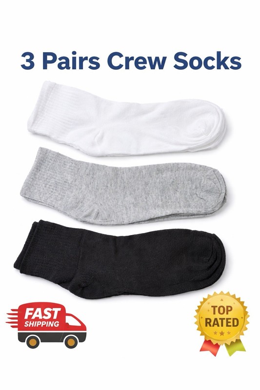 Men's Crew Socks 3 Pairs Mid Calf Solid White Gray Black Full Toe Casual