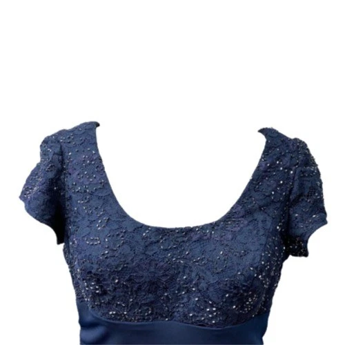 JS Boutique Size 12 Evening Gown Navy Blue Beaded Lace Bodice Ruching Scoop Back - Image 4 of 4