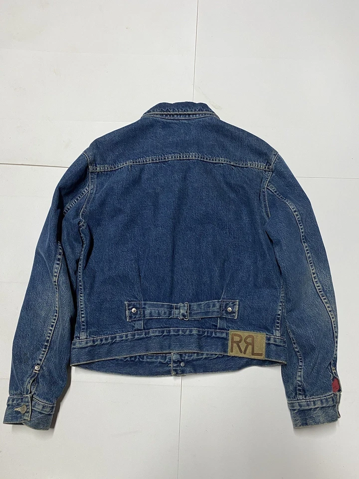 Chaqueta de mezclilla RRL Ralph Lauren para hombre pequeña forrada azul jean hebilla tarea trasera Foto 3 de 4