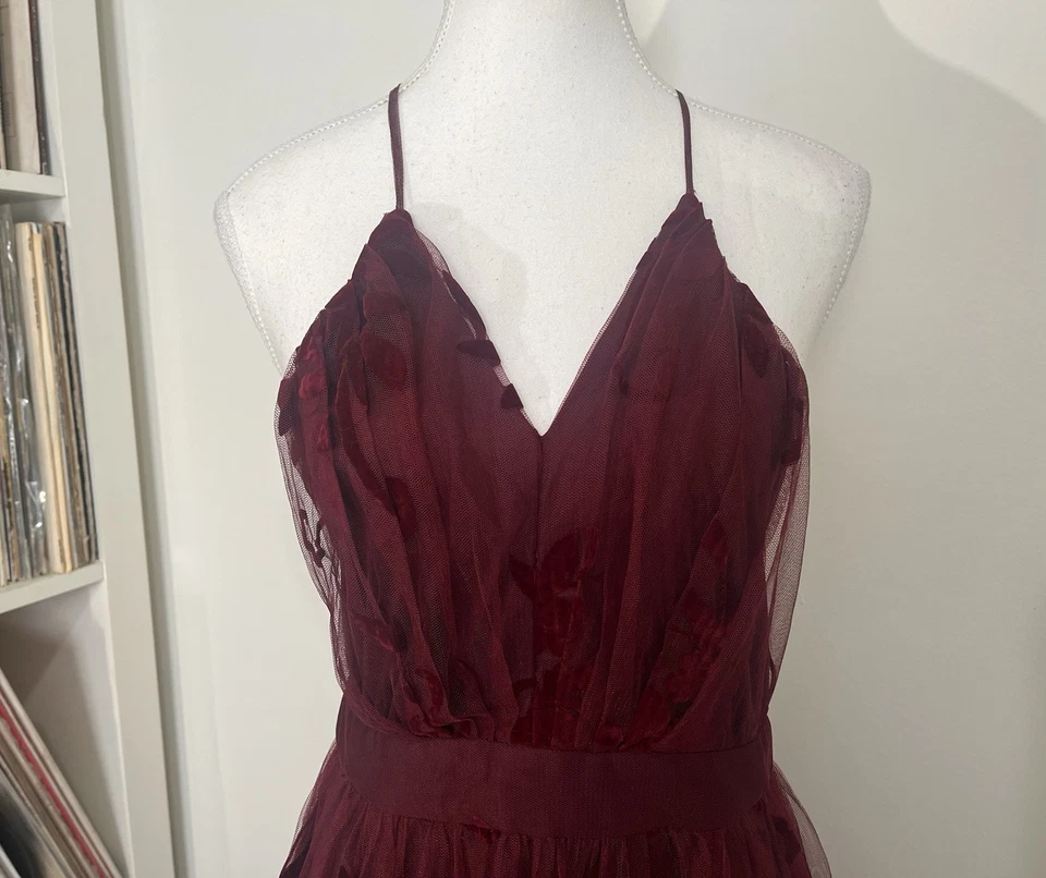 Maxi Vestido Windsor Borgoña Malla Floral Terciopelo Detalle Tirantes Formal Para Mujer’s 6 Foto 3 de 4