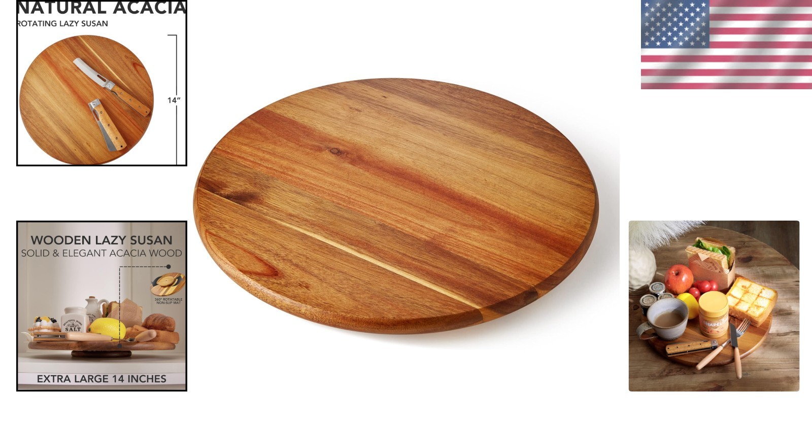 Lazy Susan Turntable 14 Inch Acacia Wood Kitchen Organizer Spices Display