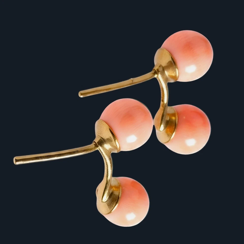 Aretes de colección raros de oro amarillo de 14 k con doble burbuja de coral piel de ángel Foto 3 de 3