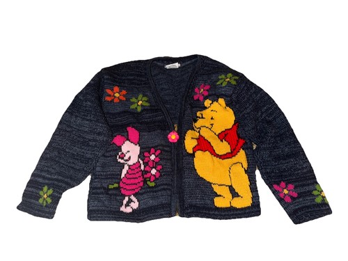 Pooh Piglet Knit Sweater Size 6x Rare VTG 1990s Flower Zip Cardigan Disney
