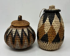 Lot of 2 Traditional Zulu Hand- Woven Herb Basket Containers