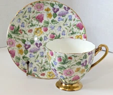 SHELLEY COUNTRYSIDE FOOTED CUP AND SAUCER  GOLD EDGES  #13701  RIPON SHAPE