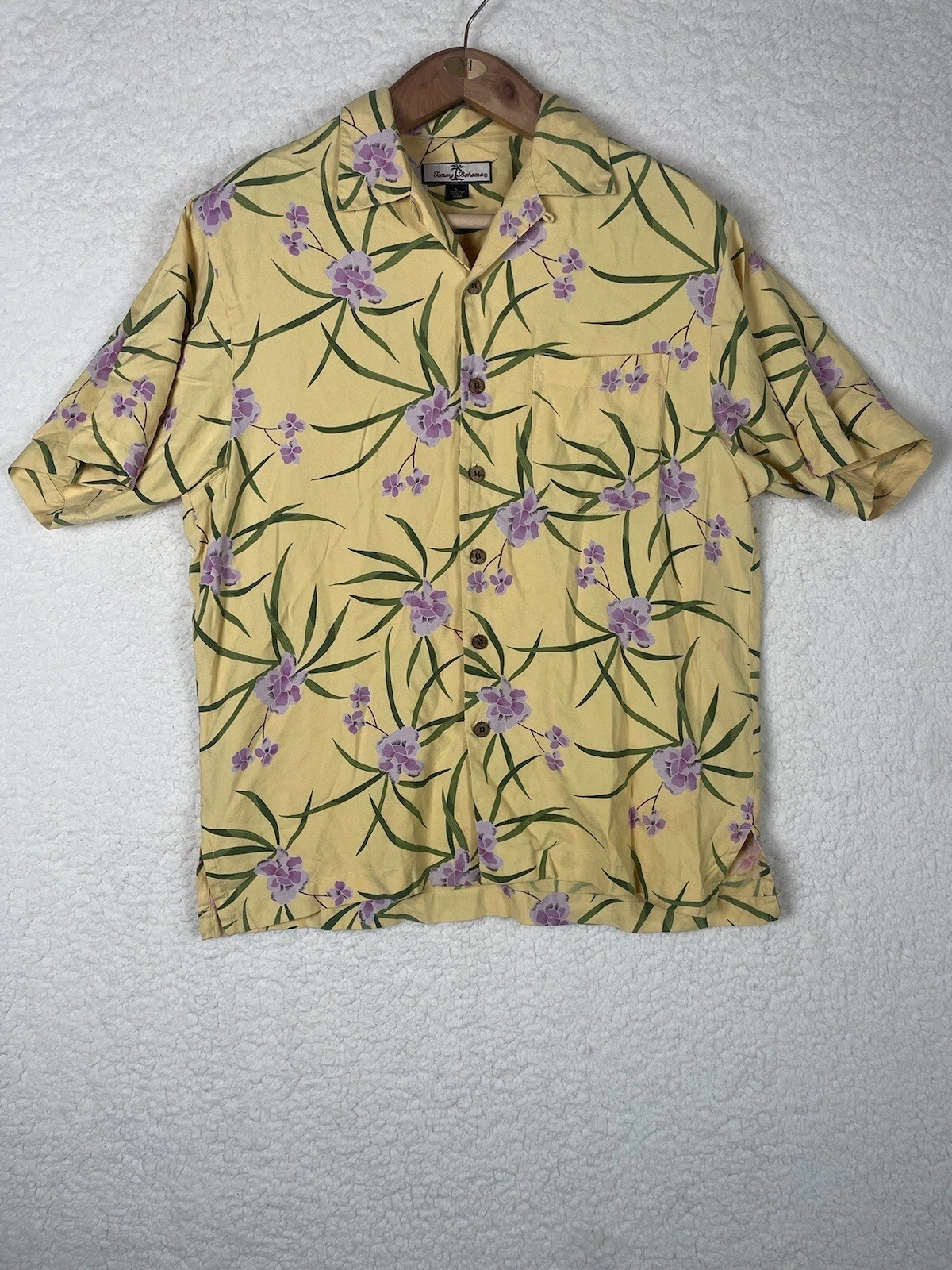 Tommy Bahama Hawaiian Shirt Mens Large yellow pink Floral Button Up 100% Silk