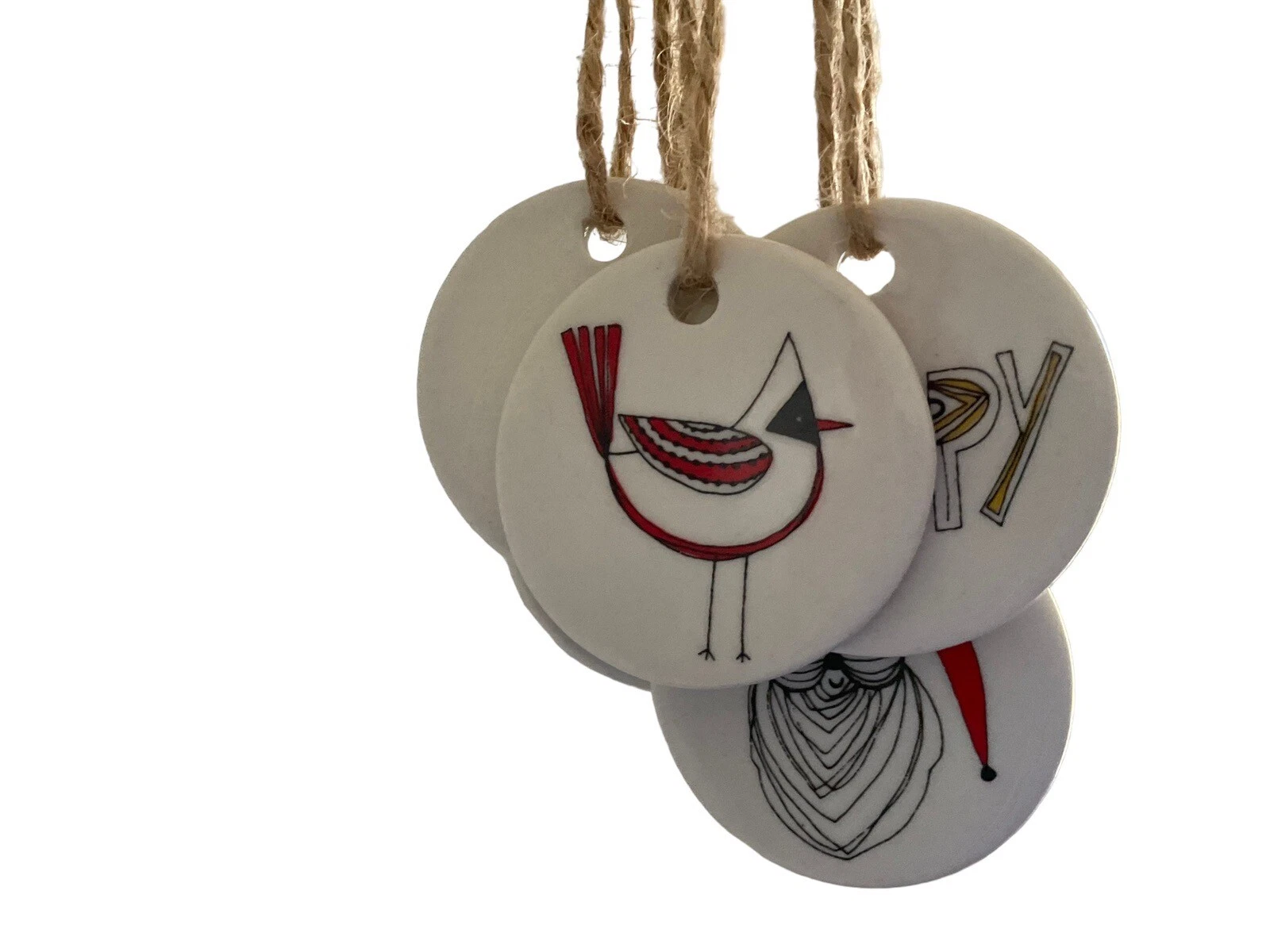 Christmas  Ornaments Ceramic. Hand painted. Twine