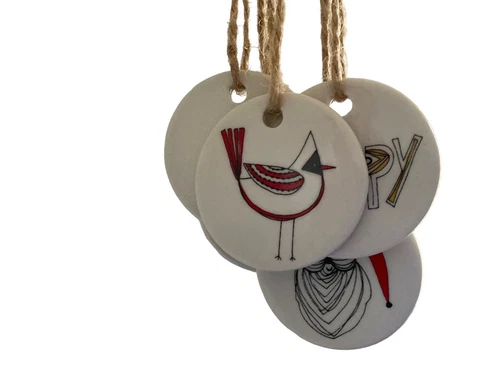 Christmas  Ornaments Ceramic. Hand painted. Twine