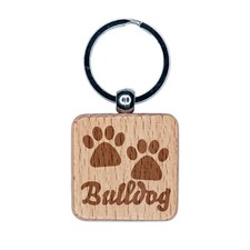 Bulldog Dog Paw Prints Fun Text Engraved Wood Square Keychain Tag Charm