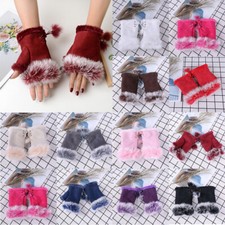 Women Winter Fingerless Suede Fur Gloves Mittens Soft Warm Fleece Lined 1Pair  