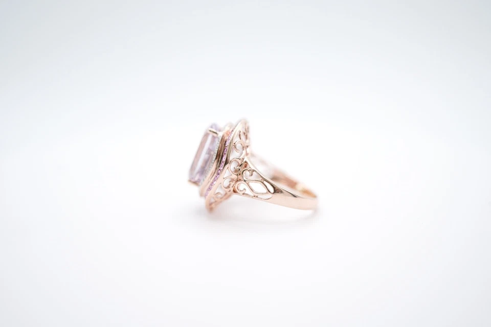 14K Rose Gold Oval Amethyst with Pink Topaz and Diamond Double Halo Ring - Image 3 of 4