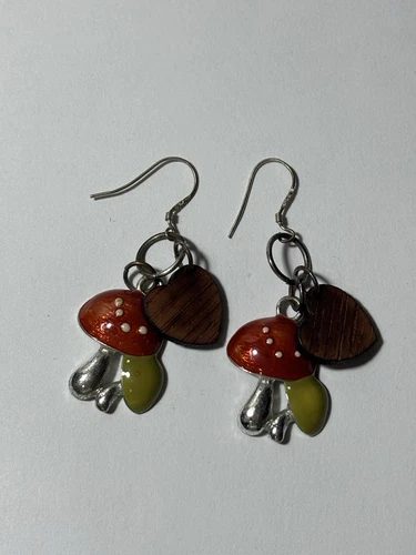 Whimsical Mushroom Earrings with Wooden Heart 