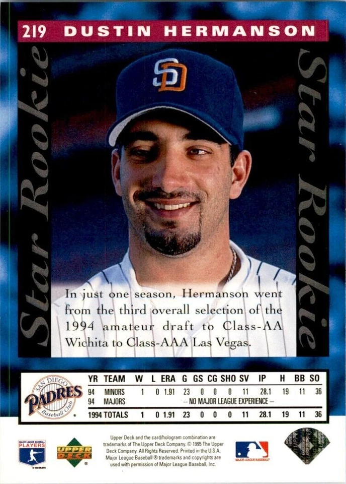 1995 Upper Deck Dustin Hermanson Baseball Cards #219 - Image 2 of 2