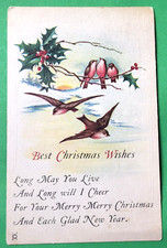 Best Christmas Xmas Wishes Artwork Birds Holly leaves Posted 1923 Antique