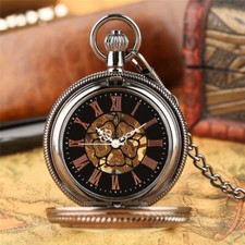 Retro See Through Roman Numberal Skeleton Hand-winding Mechanical Pocket Watch